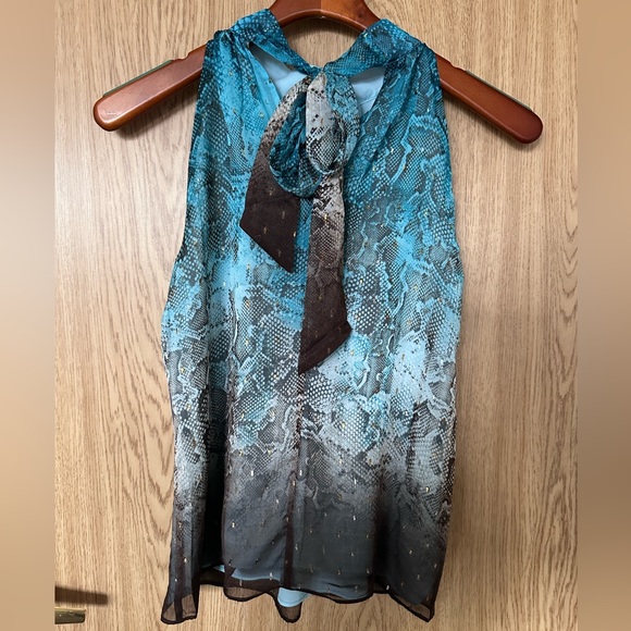 New Monograph Blue/Brown Snake Sheer Sleeveless Back Tie Blouse Women’s 00P - Picture 2 of 8